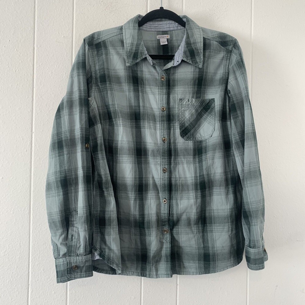 Carhartt Womens Large Shirt Plaid Button Up Long Sleeve Cotton Dark Teal Green